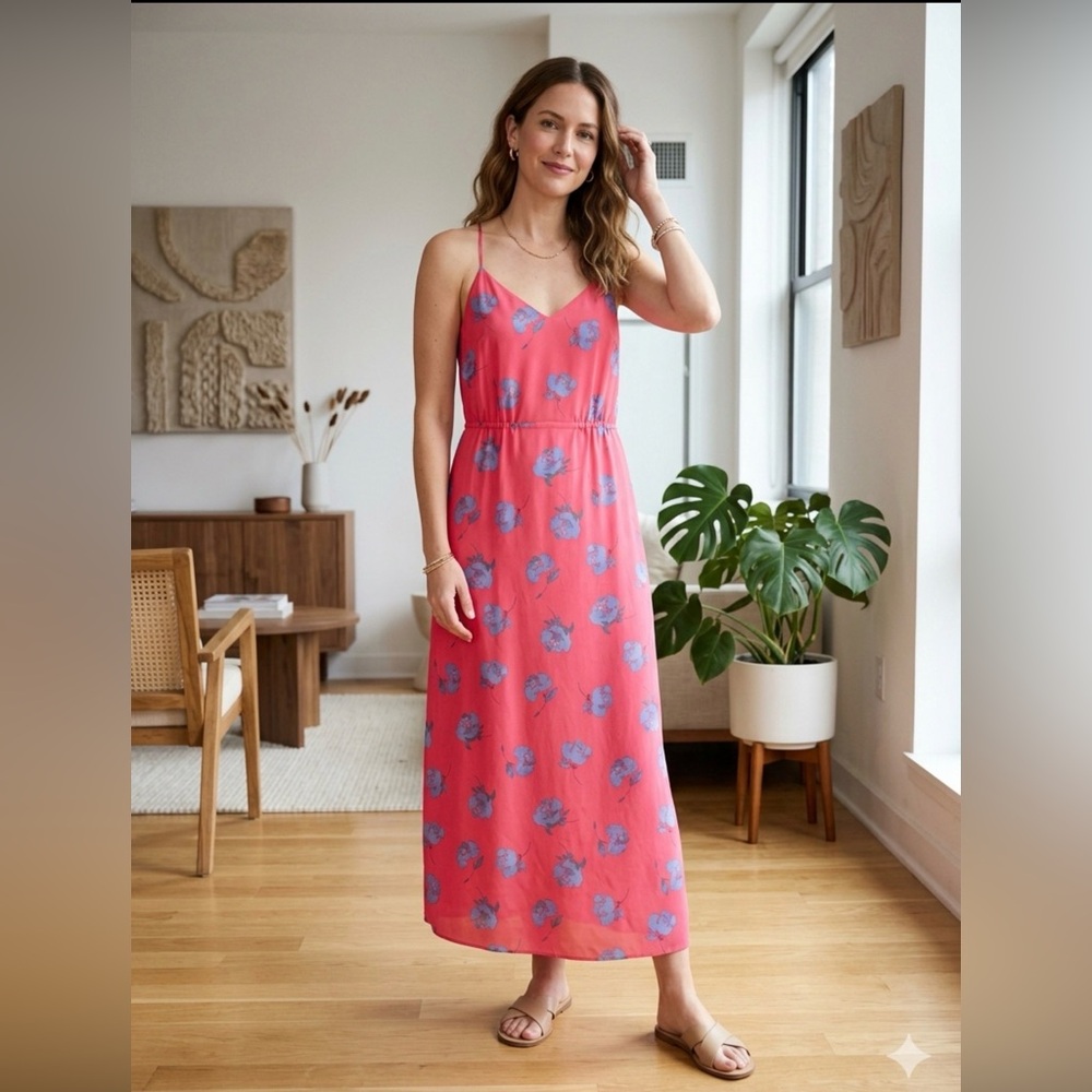 J. Crew Red Floral V-Neck Spaghetti Strap Dress